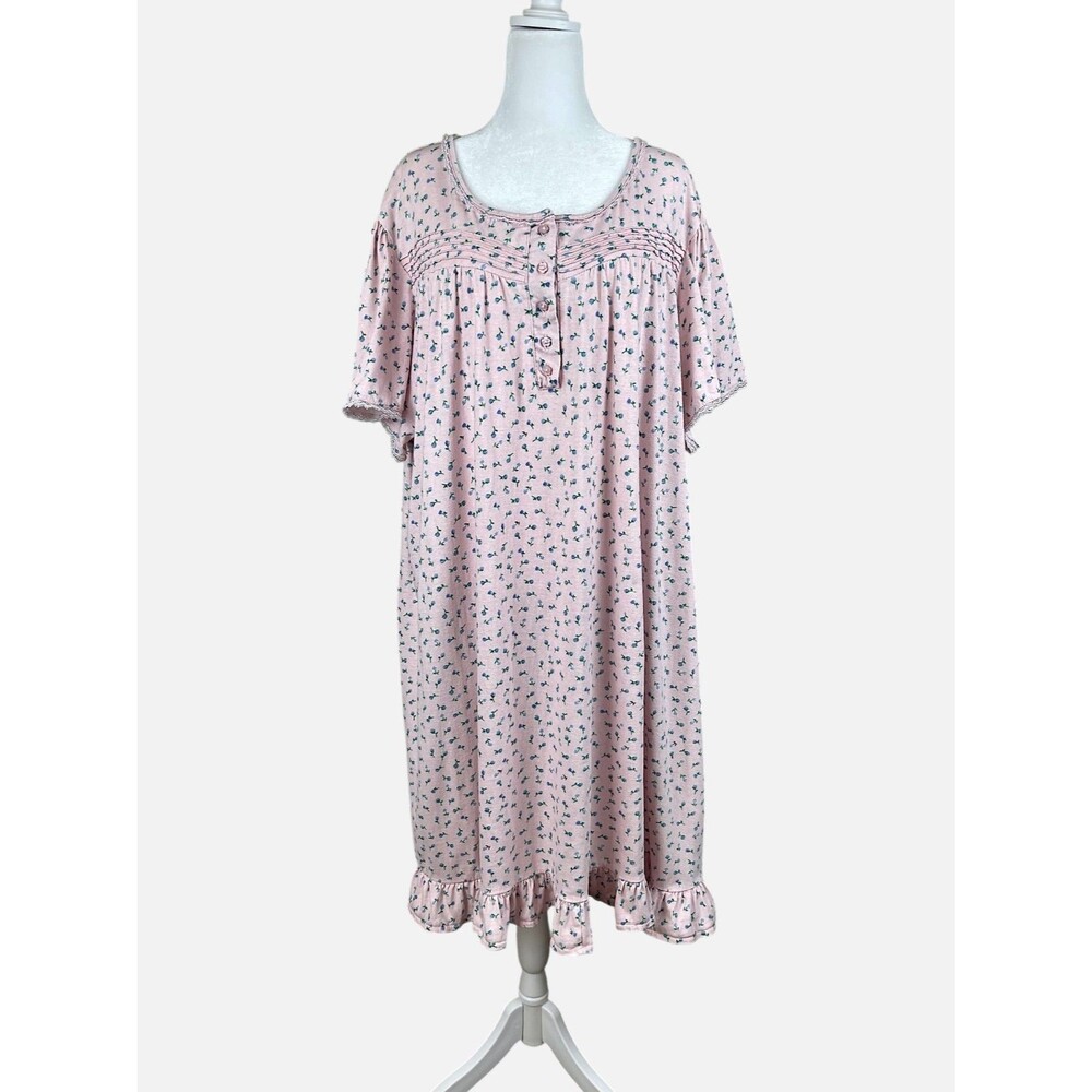 Dreams & Co Pink Floral Cotton Nightgown Pintuck Ruffle Cottagecore Sz 4X